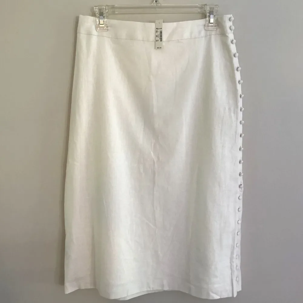 Madewell Linen Blend Side Button Midi Skirt Womens Sz 6 Cream Faux Wrap NEW